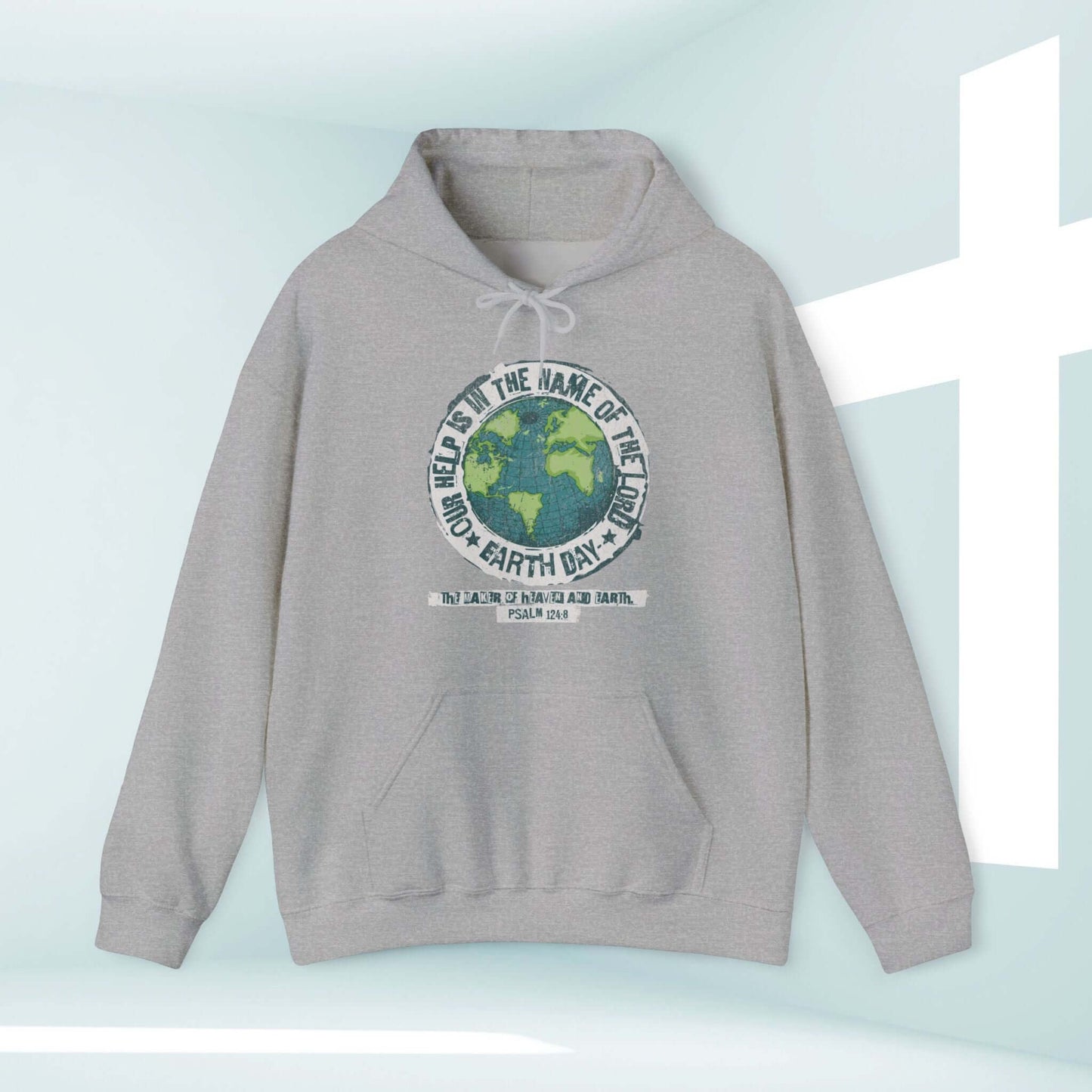 Earth Day Christian hoodie with Bible verse, faith-based "Our Help Is" design, gray hooded sweatshirt for outdoor and religious wear