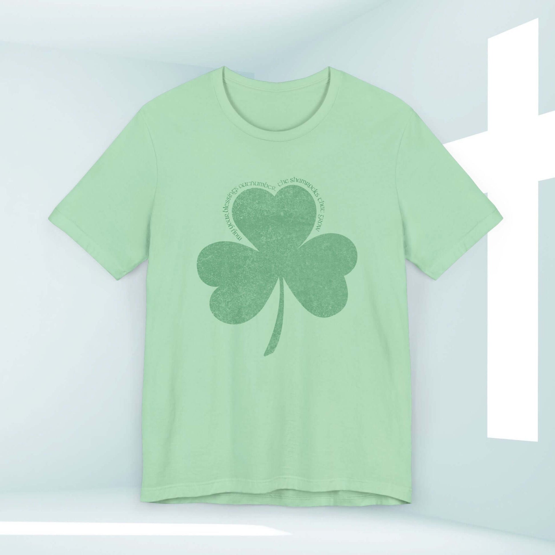 Green Christian St Patrick's Day shirt with shamrock clover design, perfect for St Patty's celebrations, made of soft airlume combed cotton.