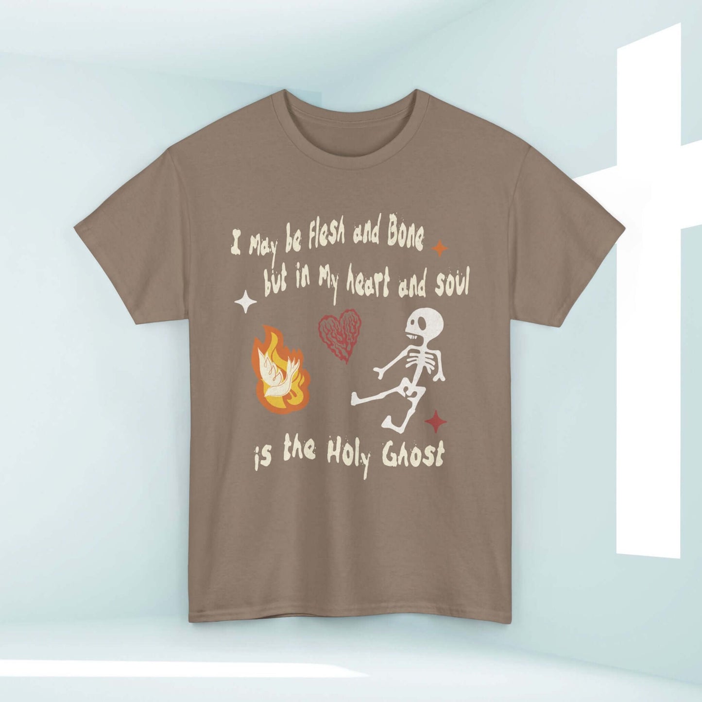 Christian Halloween shirt with skeleton graphic and "In My Heart And Soul Is The Holy Ghost" quote, faith-based design.