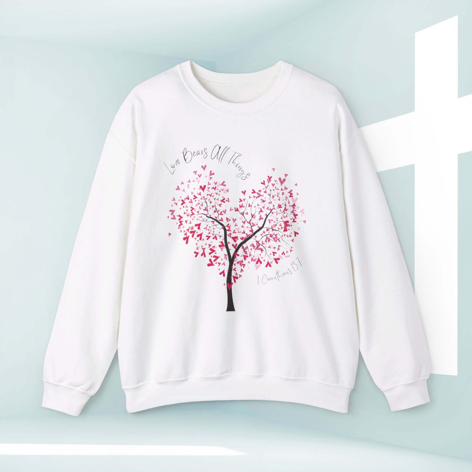 Love Bears All Things Tree Heart Christian wedding sweatshirt, perfect Valentine’s Day, wedding, anniversary, or engagement gift.