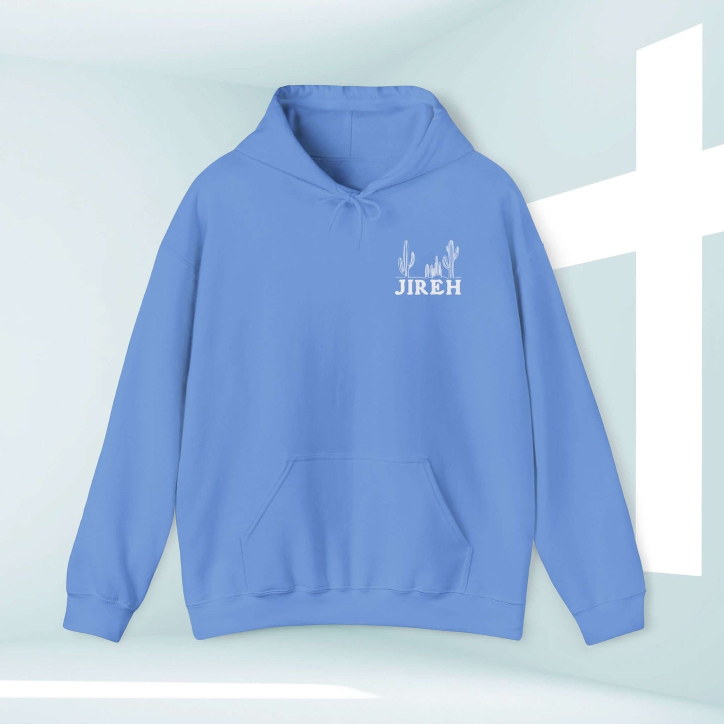 Light blue Jireh Boho Christian Hoodie with cacti design, hooded sweatshirt for sharing Bible verses and inspirational faith-based message.