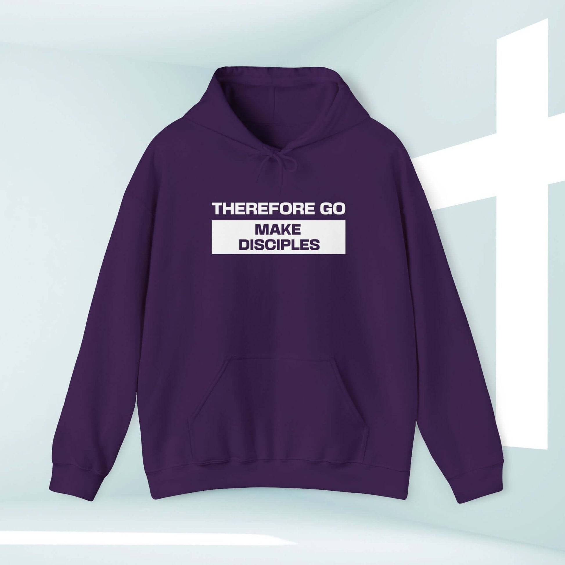 Christian Hoodie with “Therefore Go And Make Disciples” Bible Verse on Purple Hooded Sweatshirt