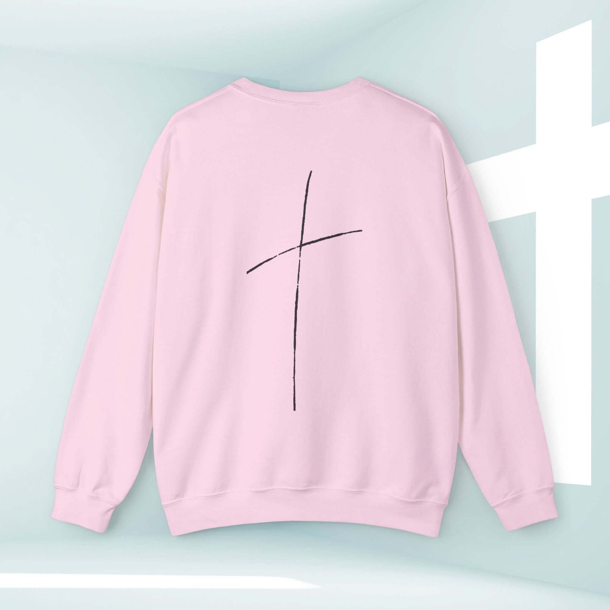 Pink Cross On Back Sweatshirt, Christian Crewneck with Jesus Over Everything Bible Verse, Inspirational Faith Apparel