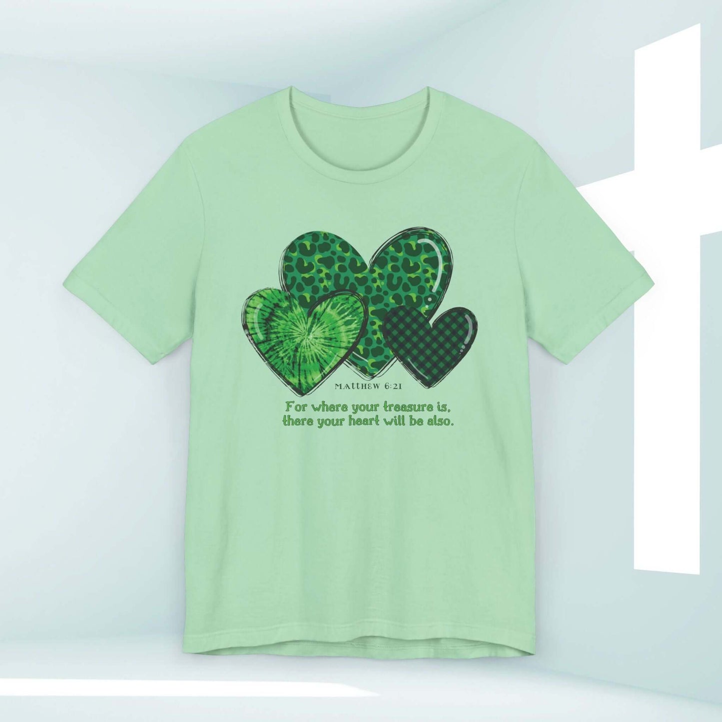 Christian St Patrick's Day Shirt with Shamrock Hearts and Bible Verse, Inspirational Faith-Based Irish Tee