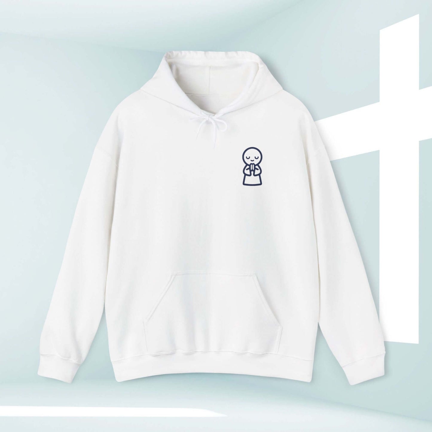 White Christian hoodie with front graphic design in light blue, faith-based church shirt for worship and prayer, religious apparel