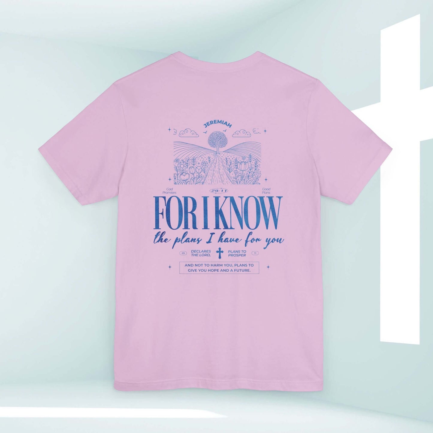 Christian T-shirt with "For I Know the Plans" Bible verse design, nature and camping theme, inspired by Jeremiah 29:11.