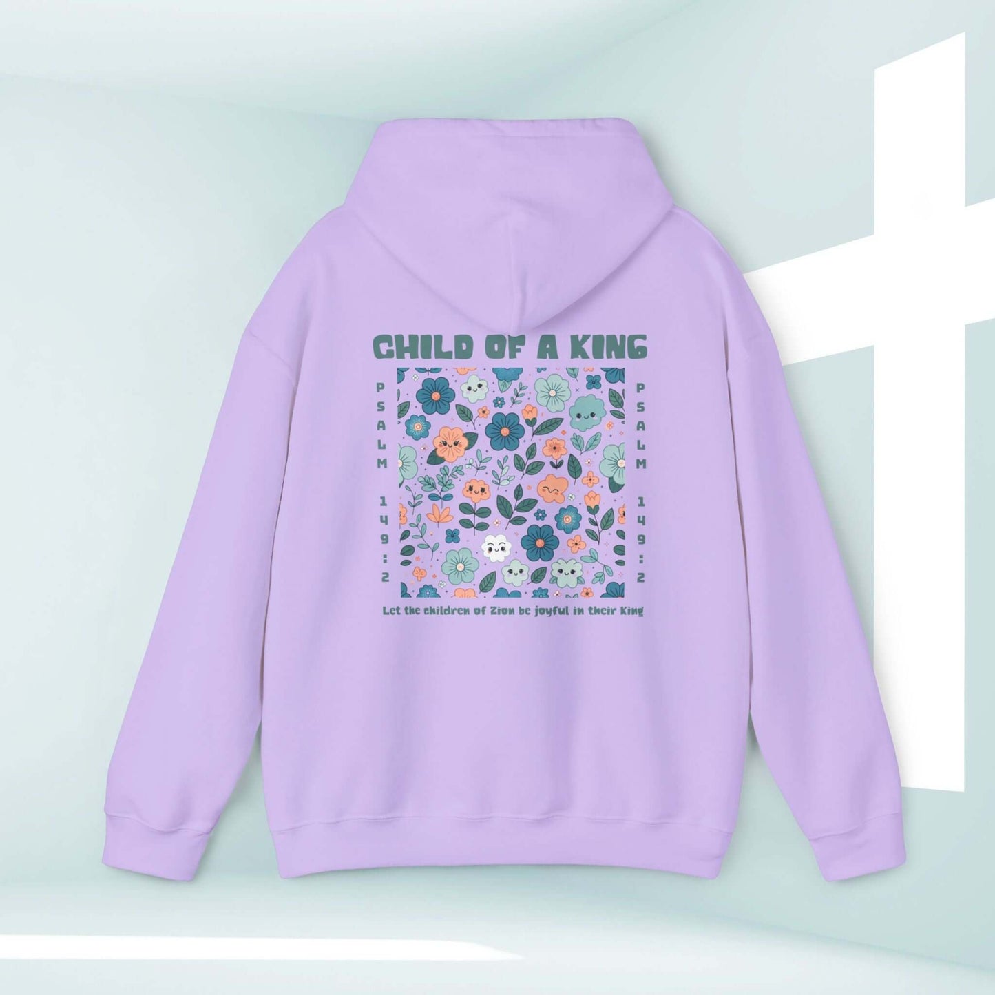 Child Of A King purple Christian hoodie with Bible verse and floral design, displayed on a pastel background with a cross.