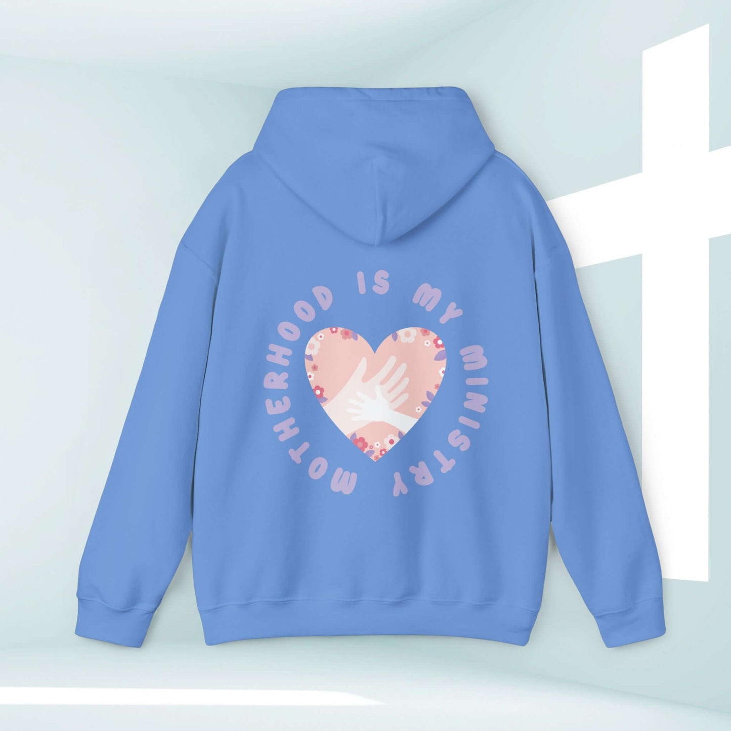 Christian hoodie with "Motherhood Is My Ministry" message on blue background, perfect for new moms and homeschoolers, inspirational womens hoodie.