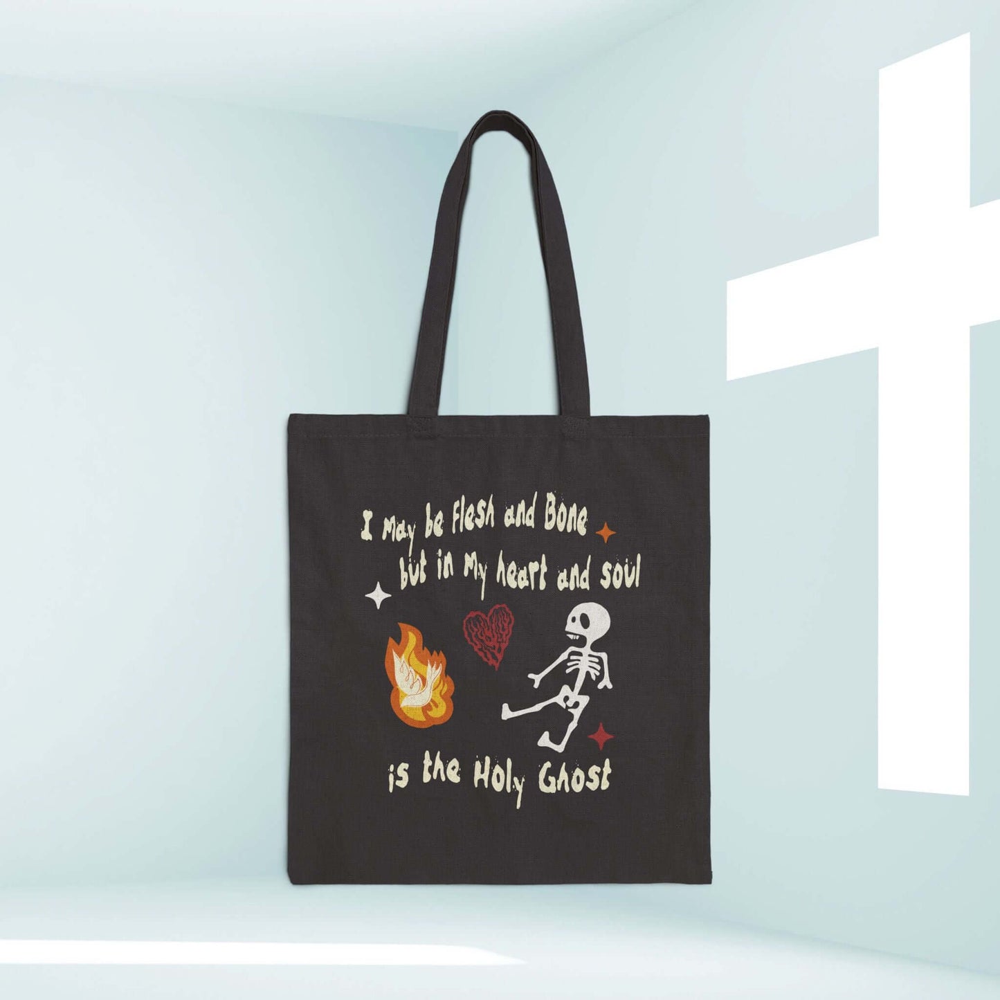 Christian Halloween tote bag with skeleton and "Holy Ghost" text, perfect for religious trick or treating and sharing faith.