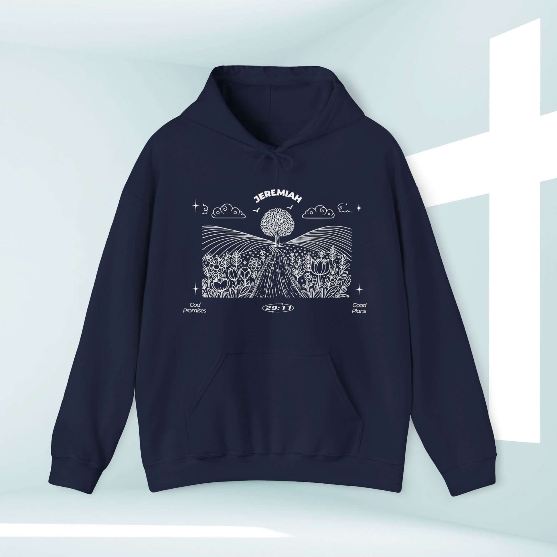 Navy Christian hoodie with "For I Know The Plans" Bible verse design, cozy cotton polyester blend, ideal religious apparel Mother's Day gift.