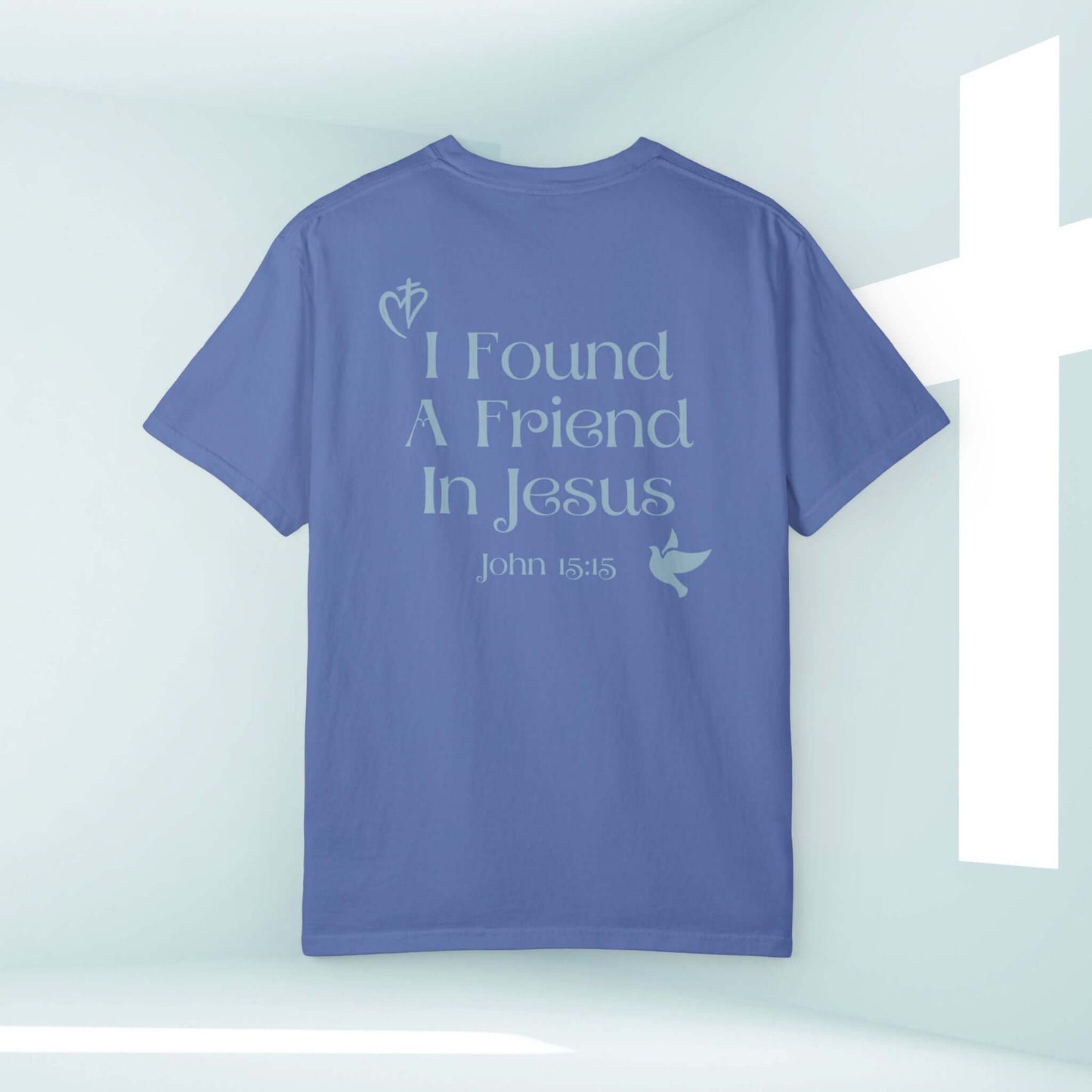 "I Found A Friend In Jesus Christian T-Shirt with Bible Verse John 15:15 in Purple, Christian Apparel"