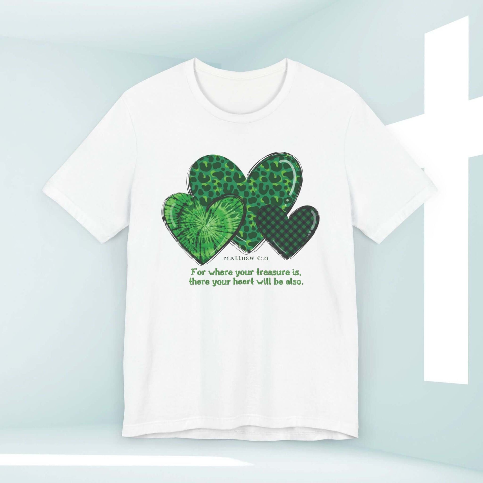 Christian St Patrick's Day Shirt with Shamrock Hearts and Bible Verse, Inspirational Religious Irish Tee for St Patty's Day