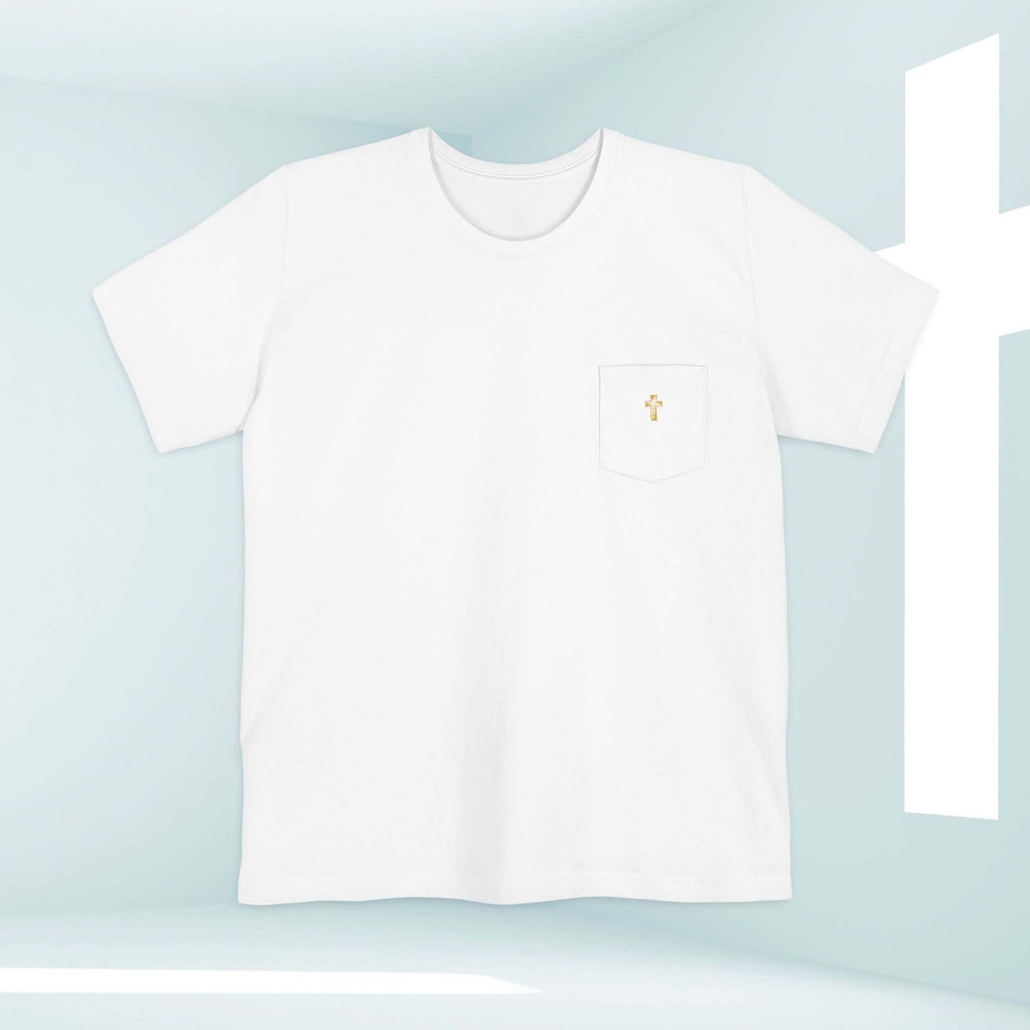 White men's Christian t-shirt with gold cross pocket design, perfect faith-based apparel and Christian clothing gift for men.