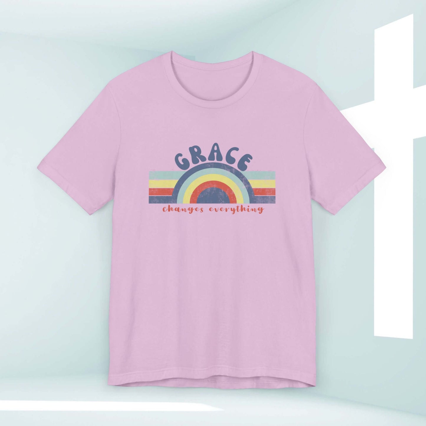 Retro Grace Changes Everything Women's Christian T-Shirt with faith-based graphic, pink.