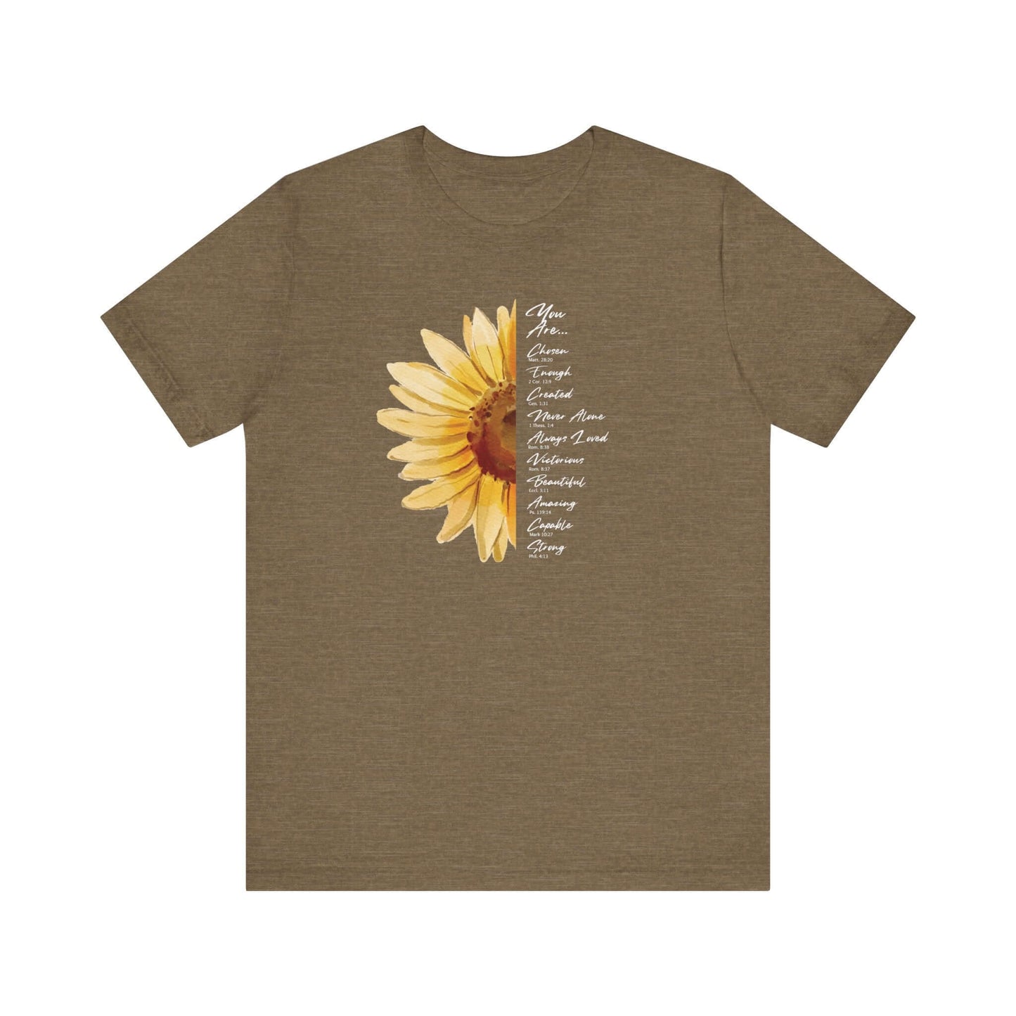 Christian t-shirt with sunflower graphic and inspirational text "You Are Loved, Not Alone, Enough." Perfect faith-filled Christian apparel and gift.