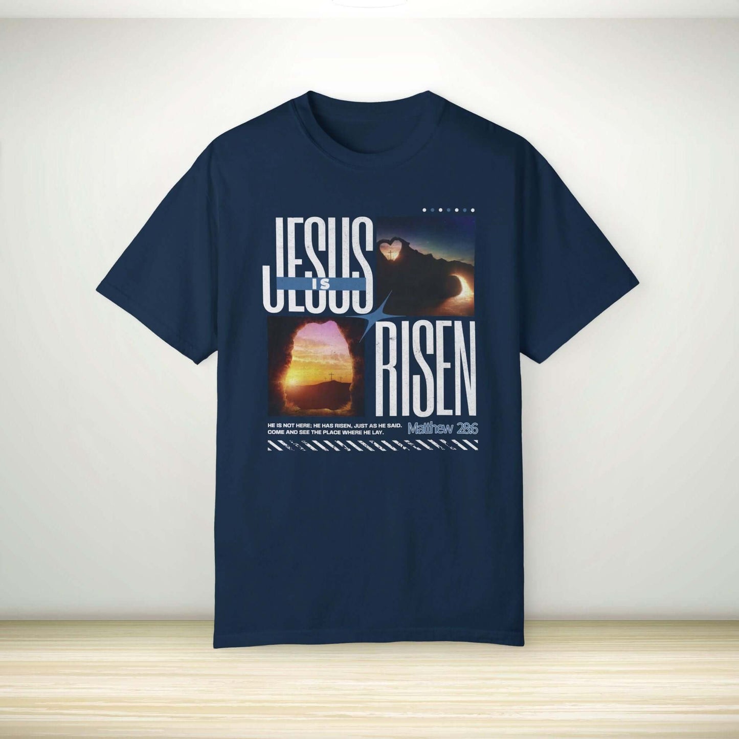 Jesus Is Risen navy blue Easter Christian t-shirt with Bible verse graphic, perfect religious clothing for Easter and faith conversations.