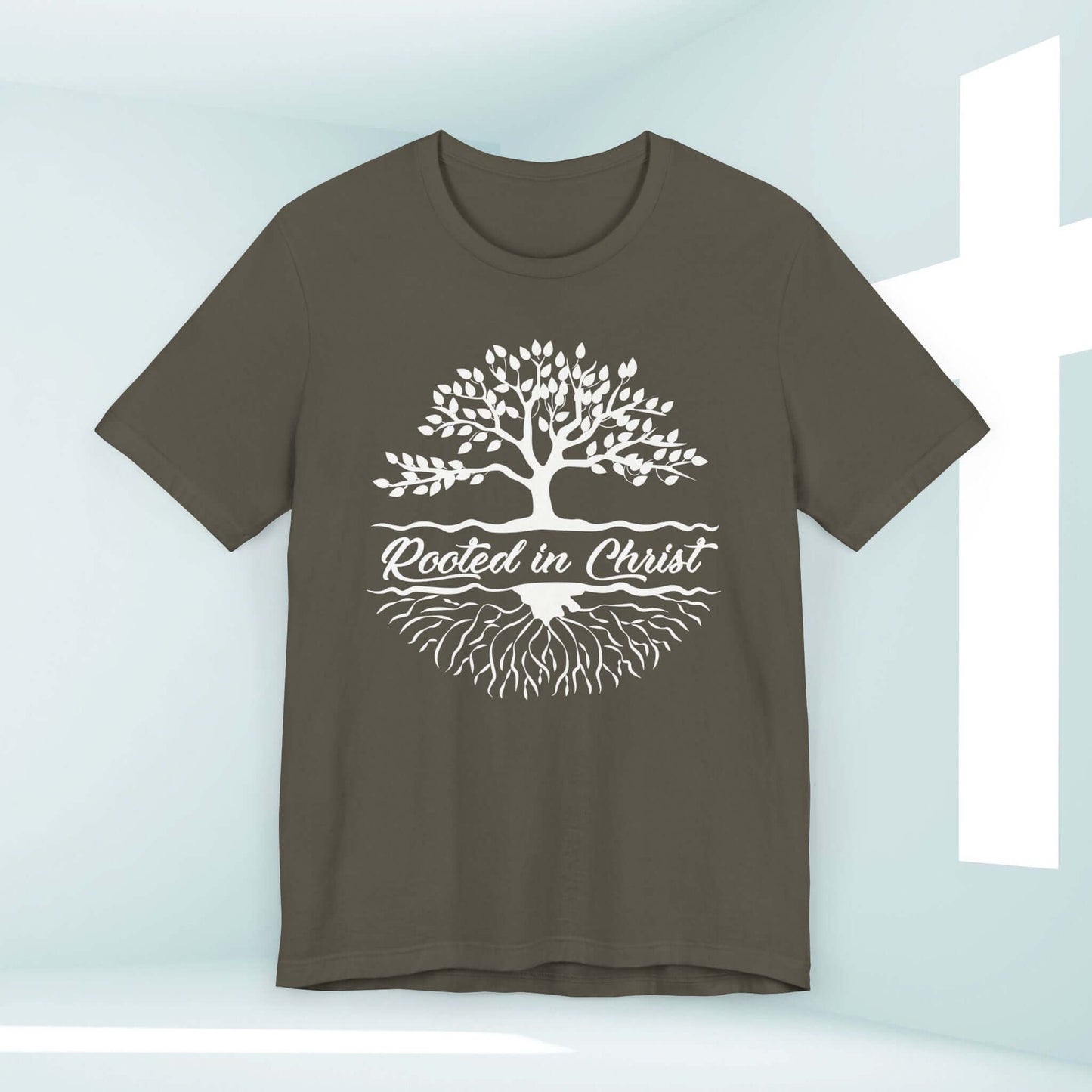 Rooted In Christ Men's Christian T-Shirt with Tree Graphic - Inspirational Camping Nature Tee for Faith-Based Outdoor Enthusiasts