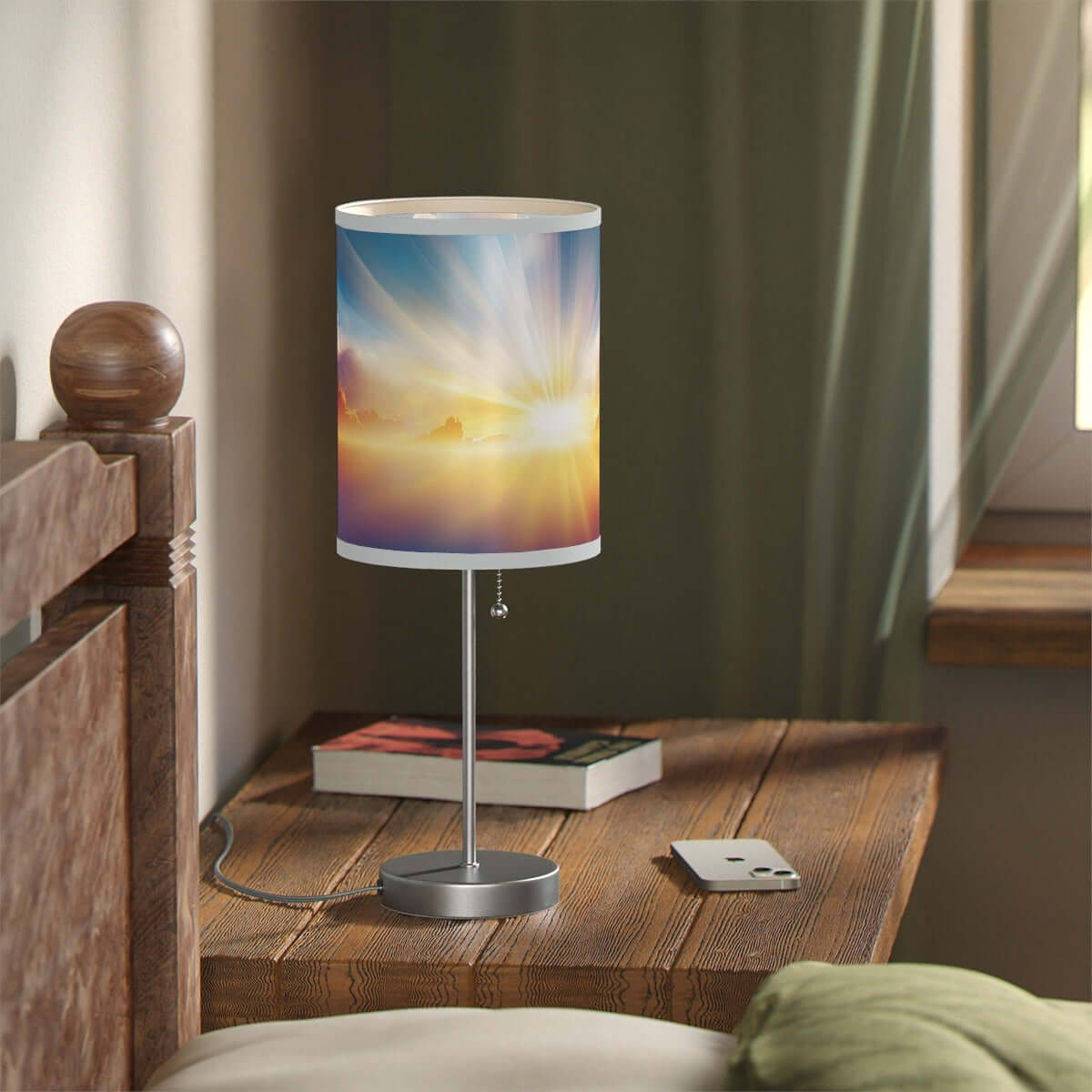 Christian Sunrise Table Lamp with Steel Base on Wooden Desk in Bedroom, Ideal Religious Gift and Christian Decor for Back to School