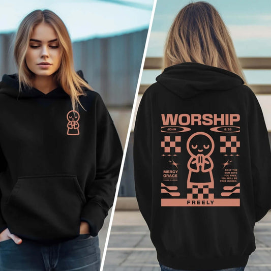 "Woman wearing Worship Freely Christian hoodie with front and back faith-based graphic design, ideal church, prayer, and religious hoodie"