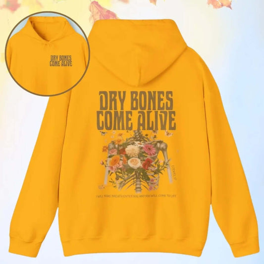 Christian Halloween hoodie with "Dry Bones Come Alive" design, featuring a skeleton and flowers, inspired by Ezekiel 37 Bible verse.