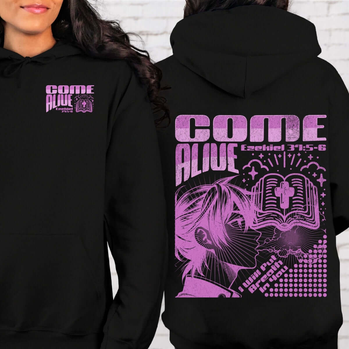 Christian hoodie with "Come Alive" design, featuring faith-based graphics and Bible verse Ezekiel 37:5-6, in black color.