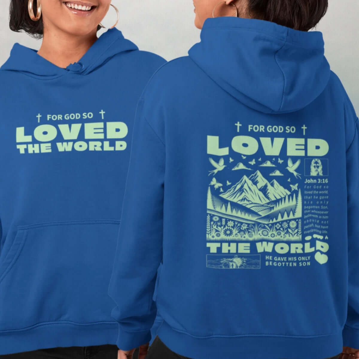 Trendy blue Christian hoodie with John 3:16 "For God So Loved The World" design, showcasing faith-based apparel and gospel message.