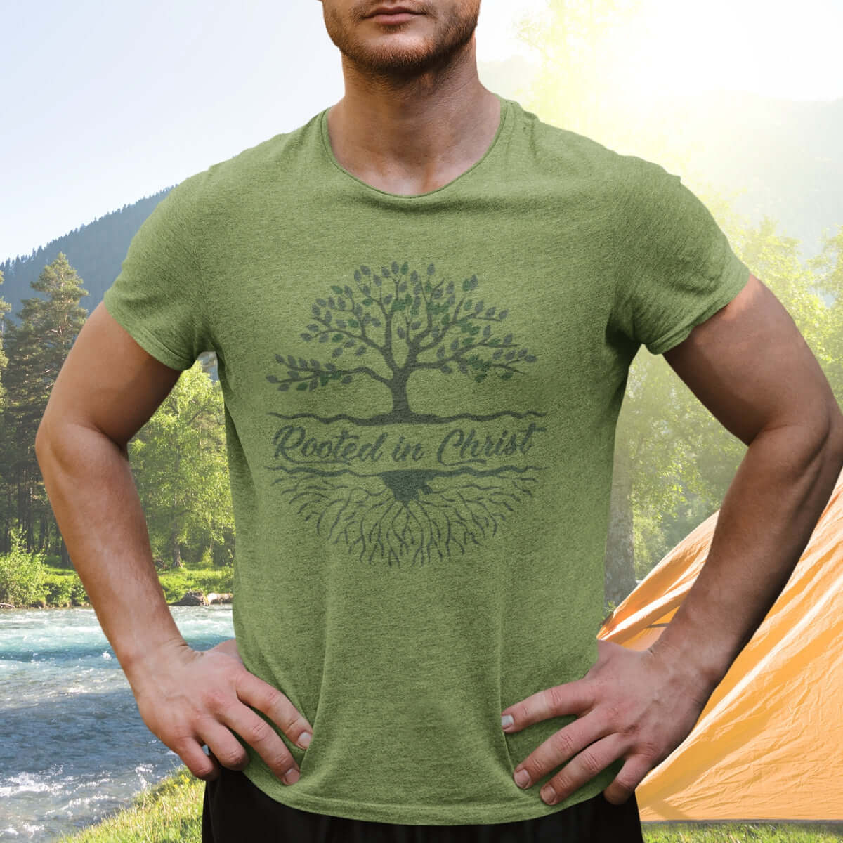 Rooted In Christ Men's Christian Shirt with Tree Design for Camping and Nature Enthusiasts