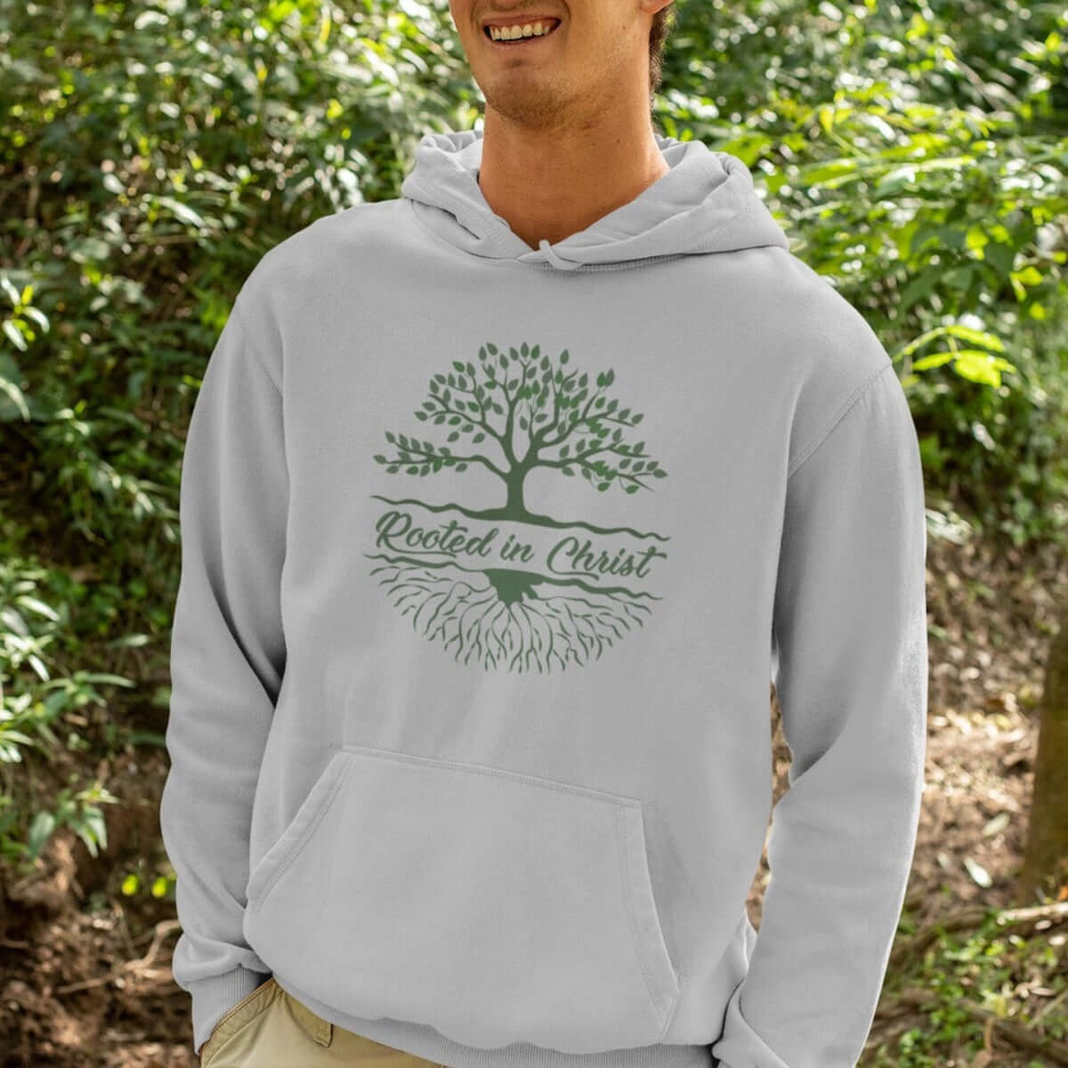 Rooted In Christ Men's Christian Hoodie - Camping Nature Tree Hooded Sweatshirt for Outdoors and Faith