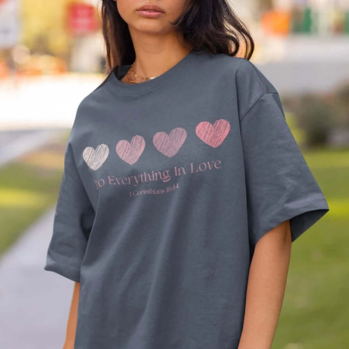 Woman wearing a Christian Love Heart Wedding Shirt with "Do Everything In Love" text, perfect for weddings, valentines, anniversaries, and engagements