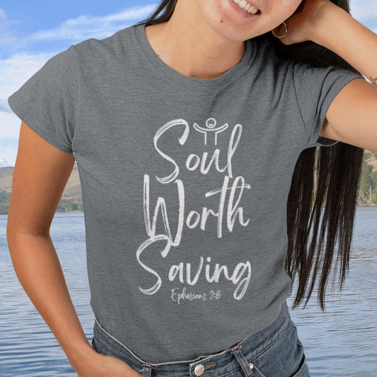 Woman wearing Soul Worth Saving shirt, Christian t-shirt with Bible verse Ephesians 2:8, faith based Jesus apparel, religious clothing