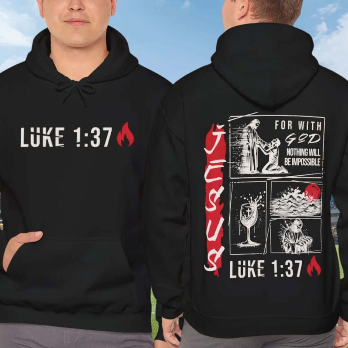 Mens Christian Jesus Hoodie with Bible Verse Luke 1:37, For With God Nothing Will Be Impossible, Perfect Gift for Faithful Men