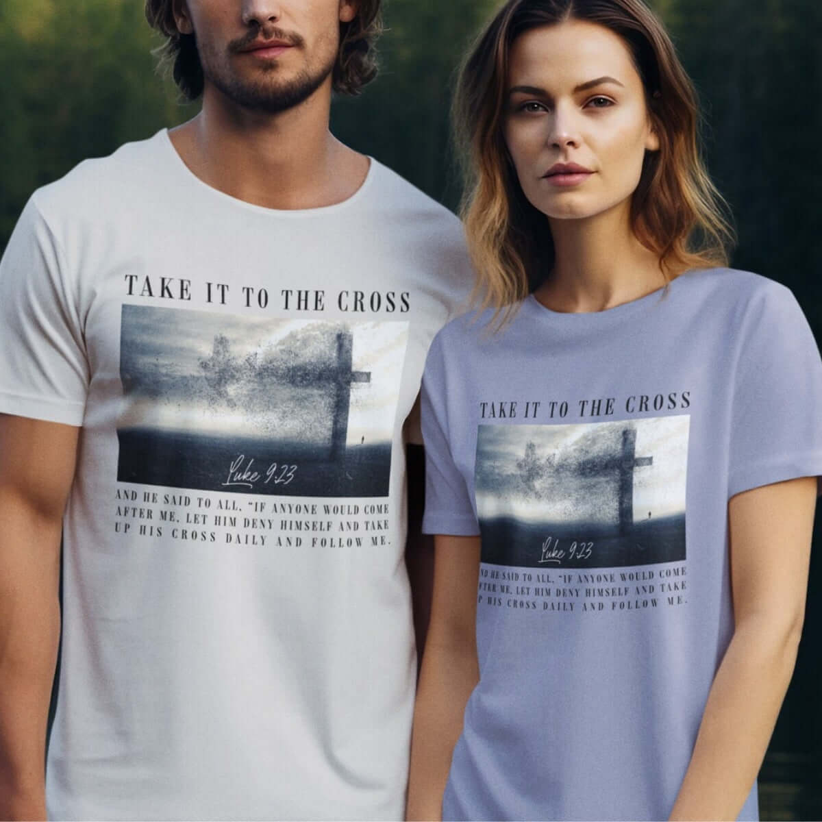 Man and woman wearing "Take It To The Cross" Christian shirts featuring a cross graphic and bible verse, faith-based inspirational tee.