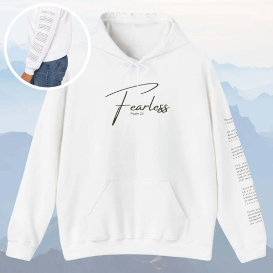 "Fearless Psalm 23 Christian hoodie with front and left sleeve graphic, featuring faith-based and inspirational Bible verse design. Christian apparel."