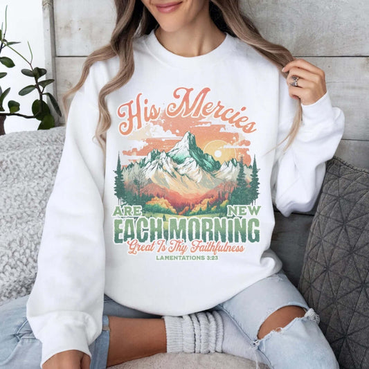 Woman wearing His Mercies Are New Each Morning Christian sweatshirt; faith-inspired boho pullover showcasing Jesus' grace and Lamentations 3:23