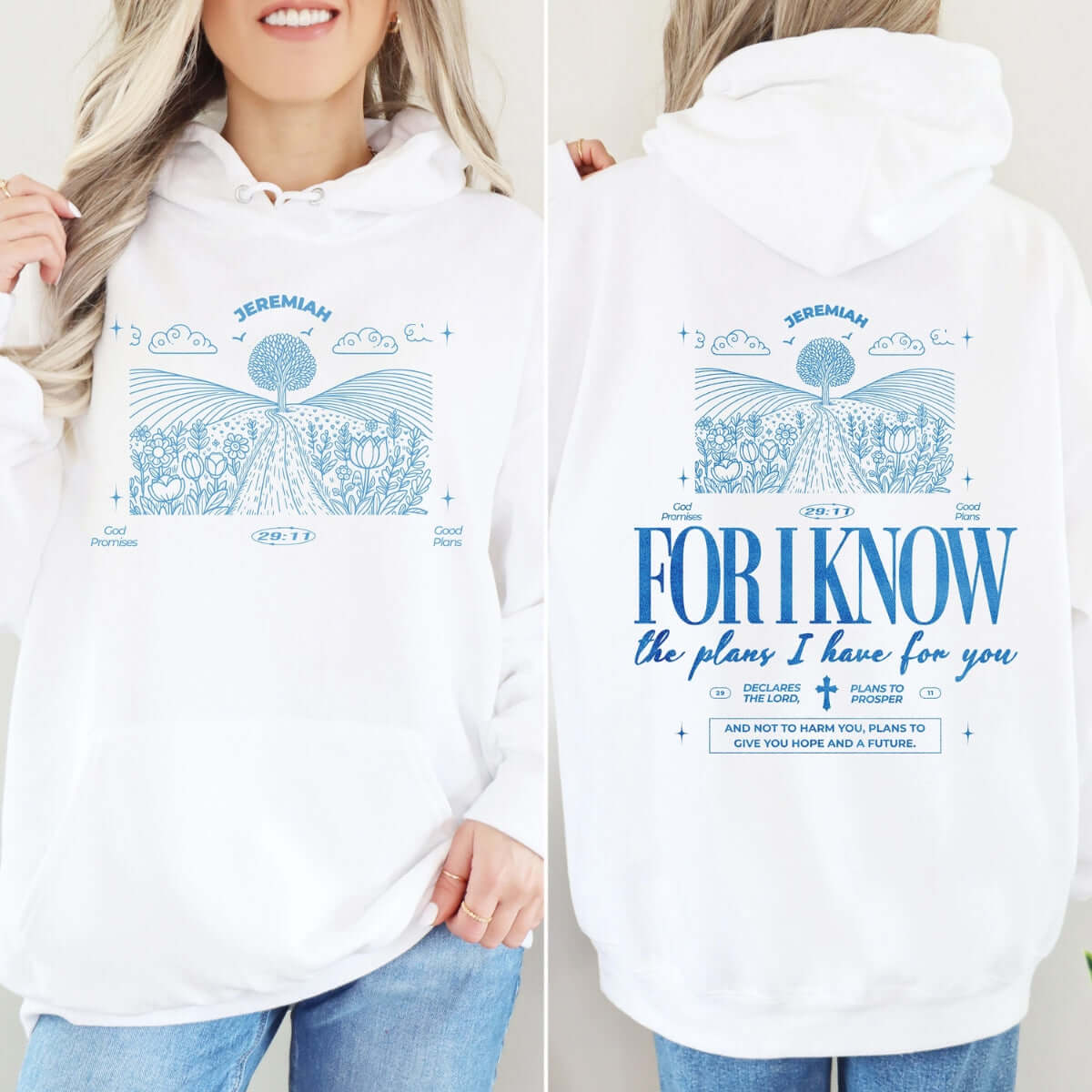 Woman wearing a white "For I Know The Plans" Christian hoodie with Jeremiah 29:11 bible verse print, cozy Christian apparel.