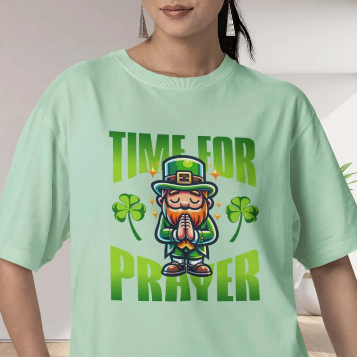 St Patrick's Day Christian Shirt with Praying Leprechaun and Shamrock Design