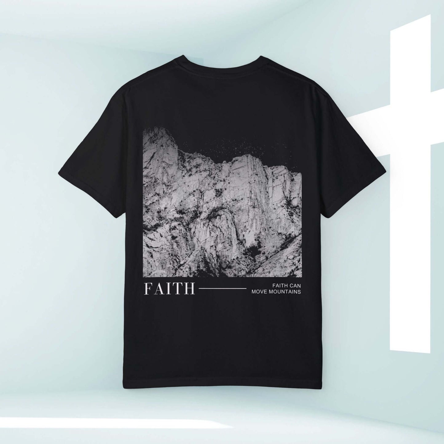 Faith Can Move Mountains Christian t-shirt featuring a mountain design, perfect for church, worship, and inspirational Christian apparel.