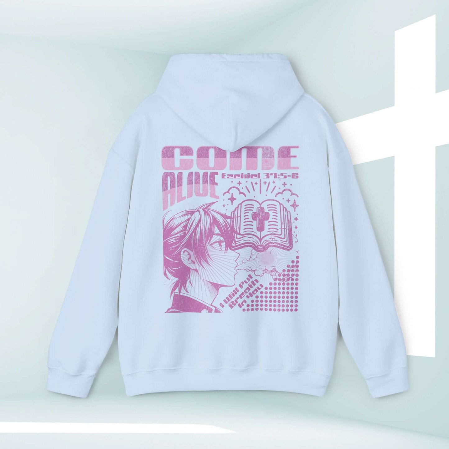 Christian hoodie with Bible verse Ezekiel 37:5-6 graphic, Come Alive design, faith-based streetwear, inspirational religious hoodie.