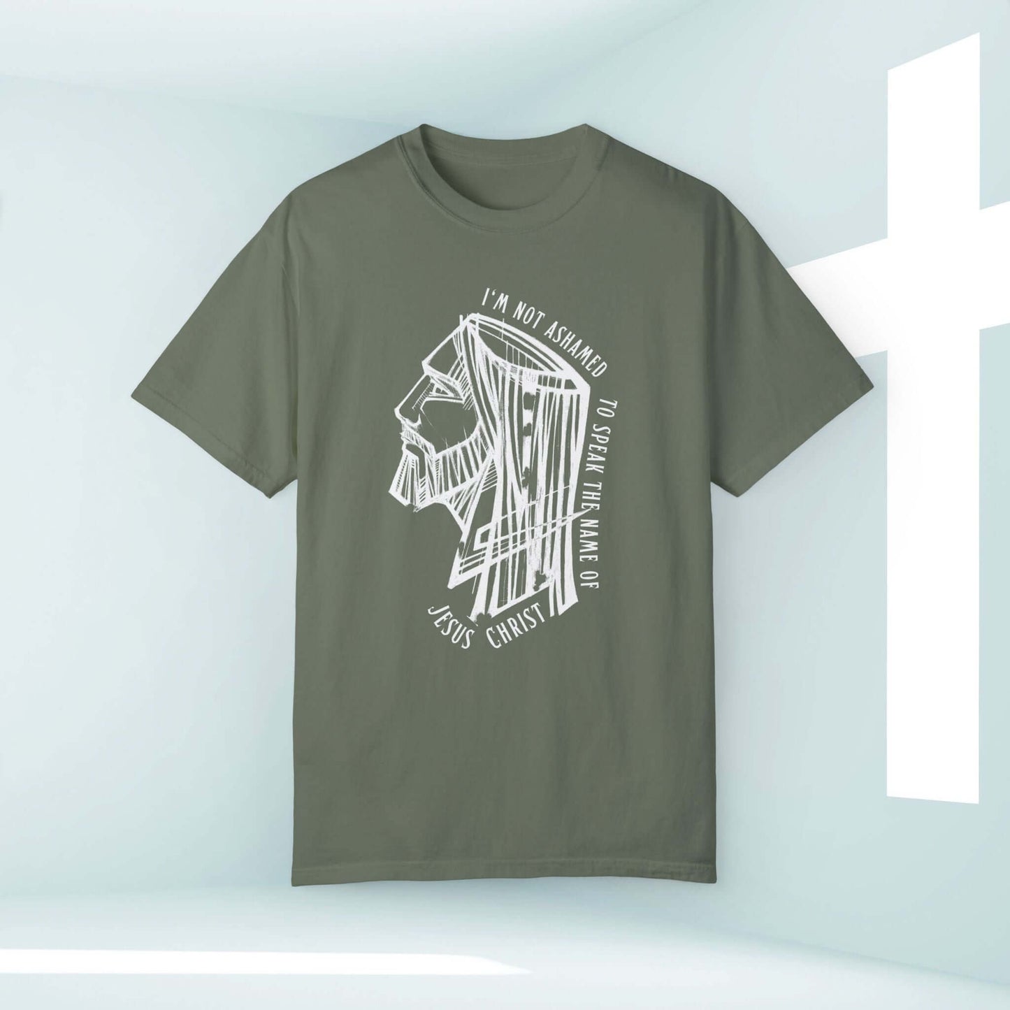 Inspirational "I'm Not Ashamed to Speak the Name of Jesus Christ" men's Christian t-shirt in olive green, perfect for Christian gifts and faith-based apparel.