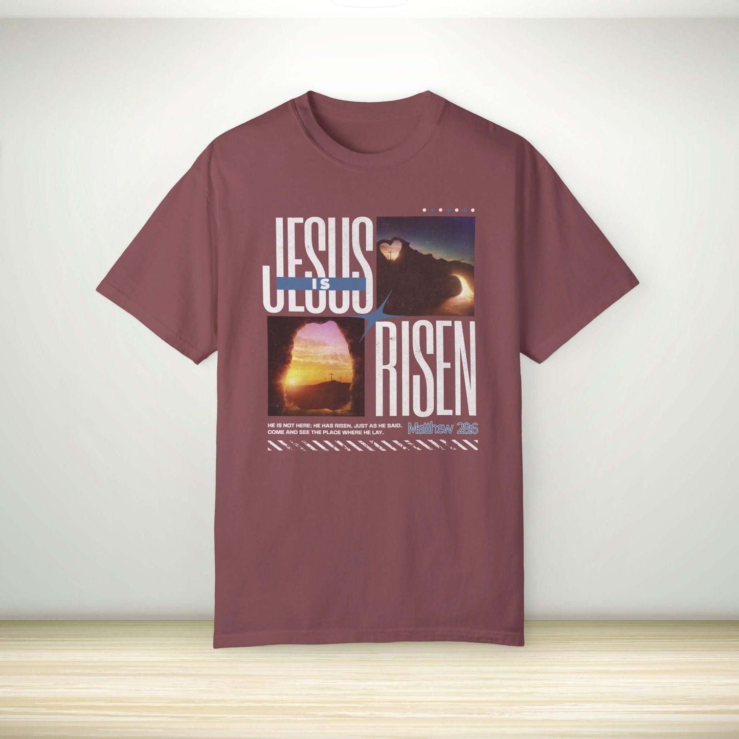 Jesus Is Risen Easter Christian t-shirt with Bible verse, maroon, perfect Easter gift, religious Easter clothing, comfortable faith-based tee.