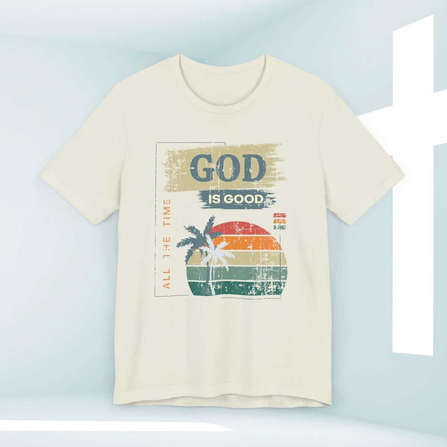 God Is Good All The Time Summer Women's Christian T-Shirt with palm graphic showcasing faith and hope messages.