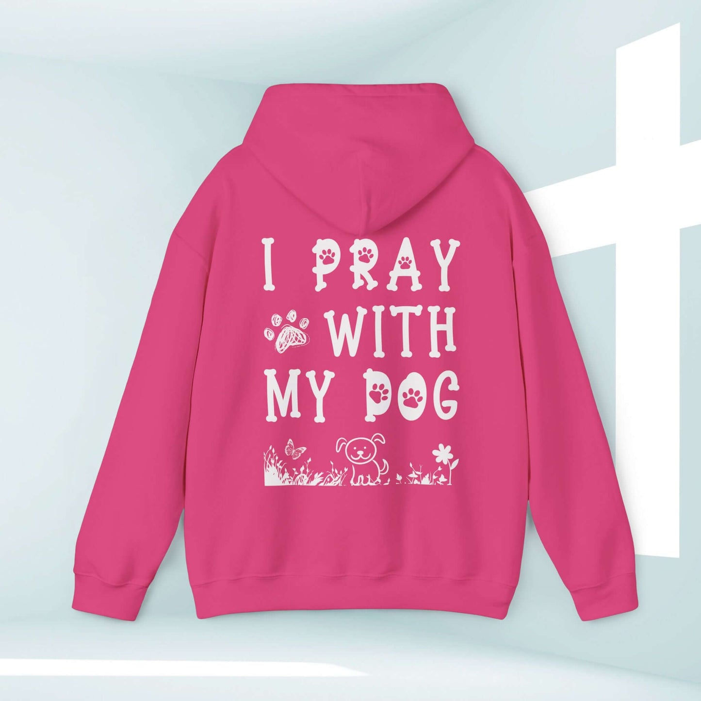 Hot pink "I Pray With My Dog" Christian hoodie for dog lovers, showcasing faith-based graphic, perfect dog mom shirt and animal lover gift.