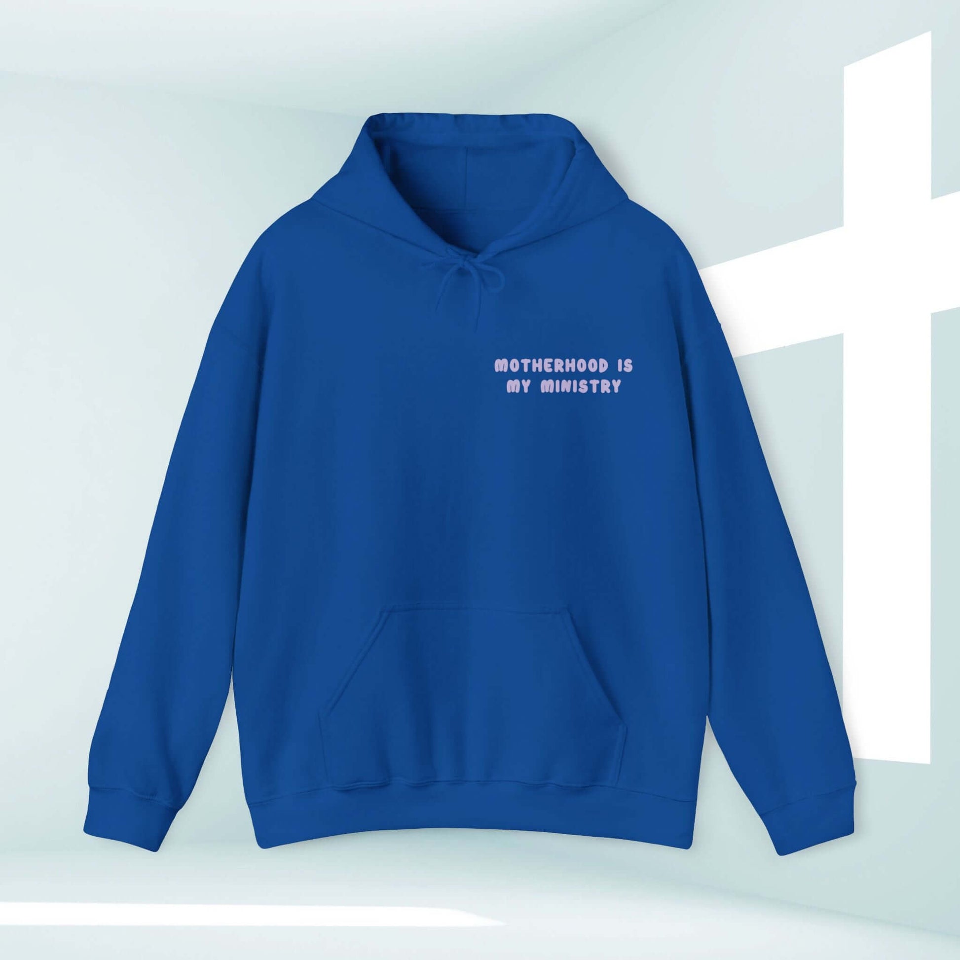 Motherhood Is My Ministry Christian hoodie in blue, ideal gift for new moms and homeschoolers.