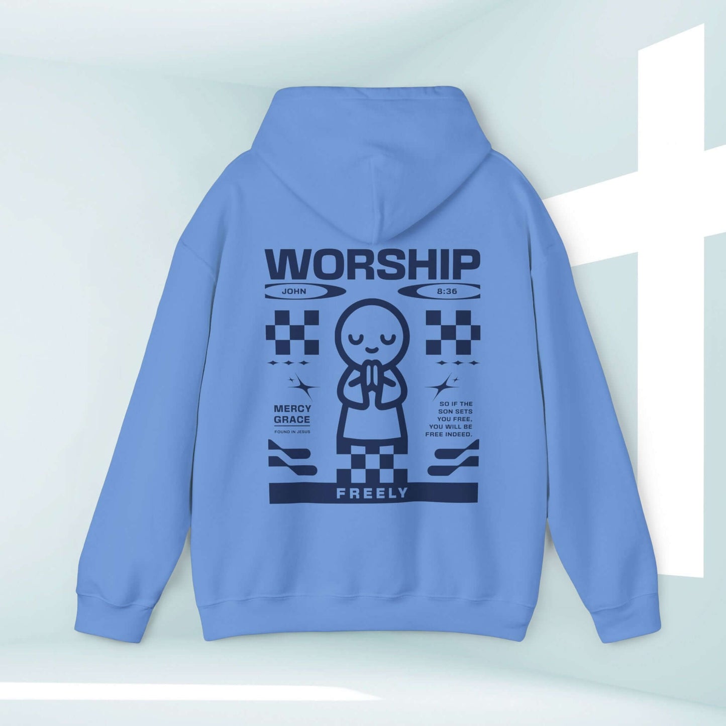 Worship Freely blue Christian hoodie with front and back faith-based graphic design, perfect as a Christian sweatshirt and prayer shirt.