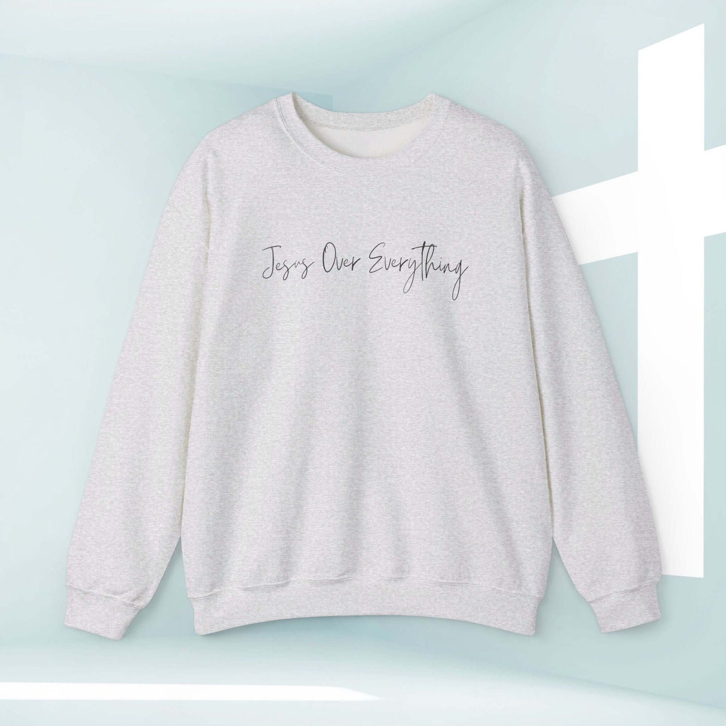 Jesus Over Everything grey crewneck cross sweatshirt for Christians, faith-based apparel, inspirational shirt, religious sweatshirt