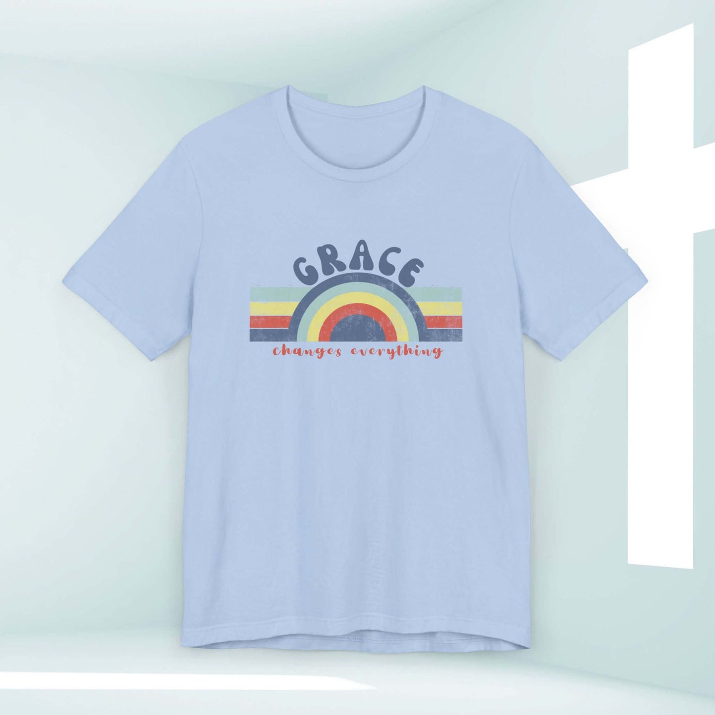 "Retro Grace Changes Everything Women's Christian T-Shirt - Inspirational Faith-Based Bible Verse Tee in Light Blue"