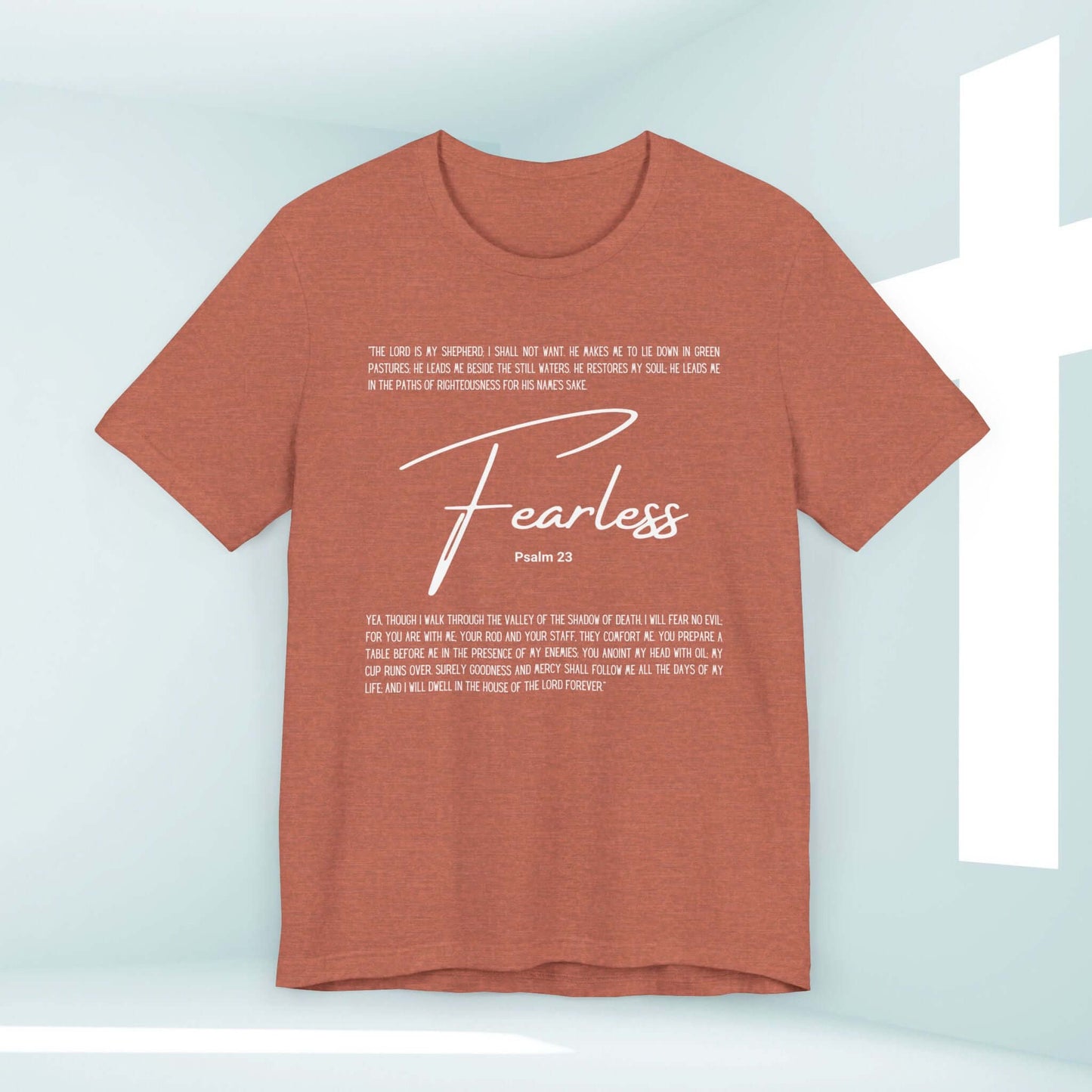 Fearless T-Shirt with Psalm 23 Bible Verse displayed on a rust-colored shirt, part of Christian apparel collection promoting faith and inspiration.