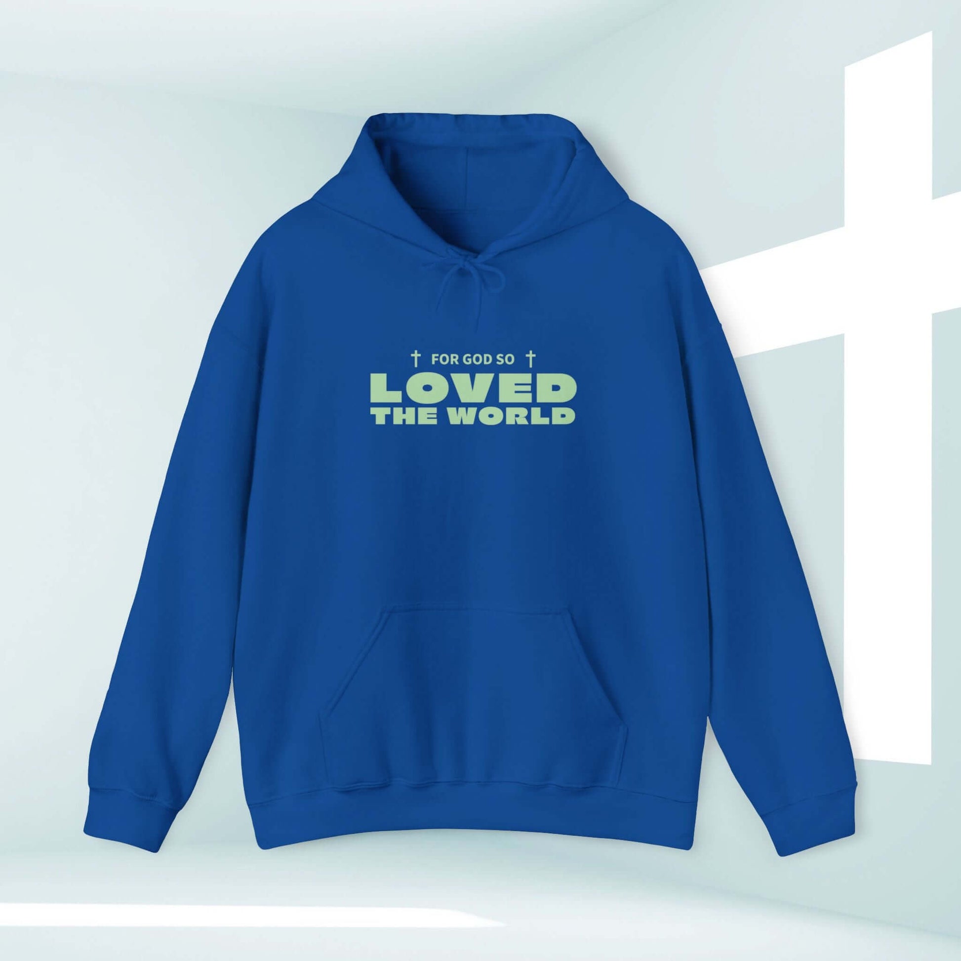 Trendy Christian sweatshirt hoodie with "For God So Loved The World" design in blue, John 3:16 faith hoodie, Christian apparel.