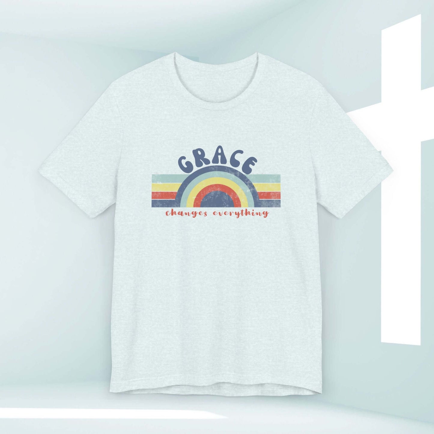 Retro Grace Changes Everything Women's Christian T-Shirt with colorful rainbow, inspirational tee promoting faith-based message.