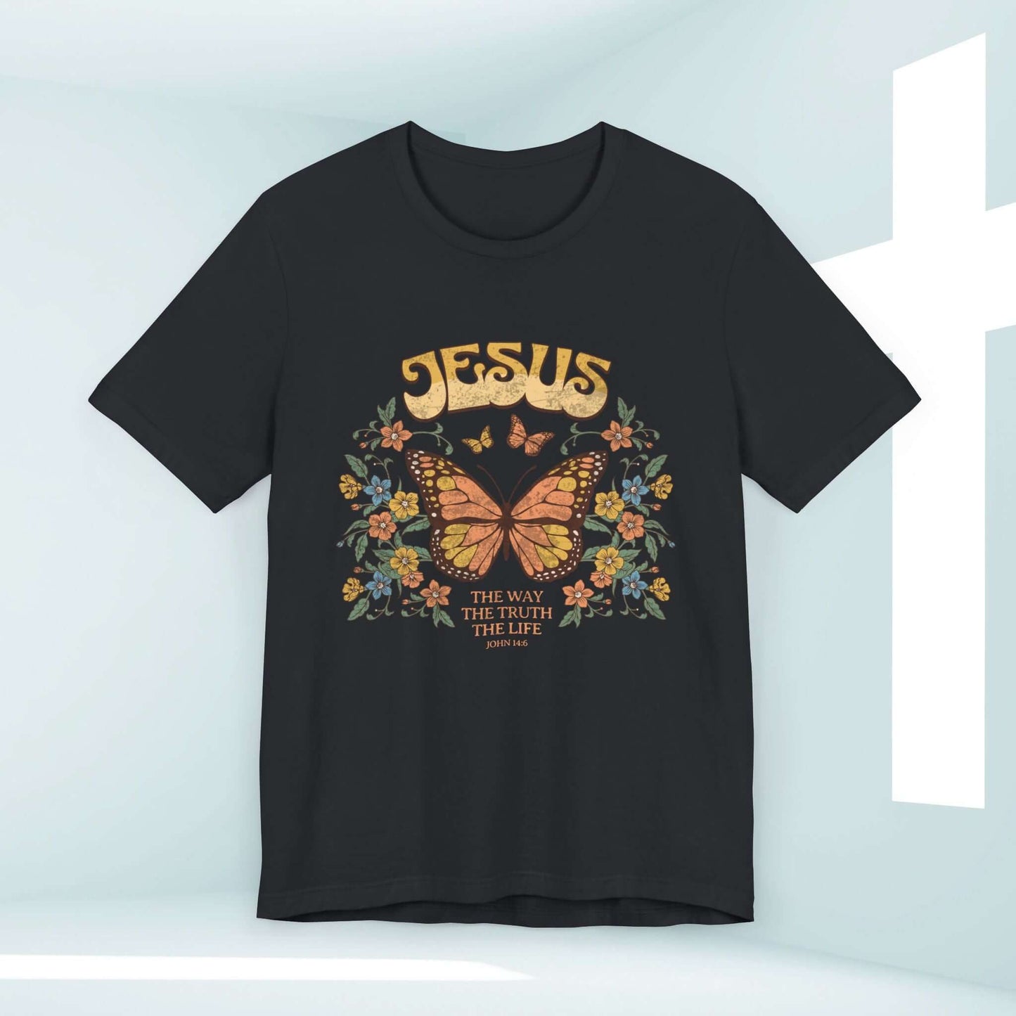 Jesus The Way The Truth The Life butterfly Christian t-shirt with scripture, inspirational Christian clothing, faith-based apparel.